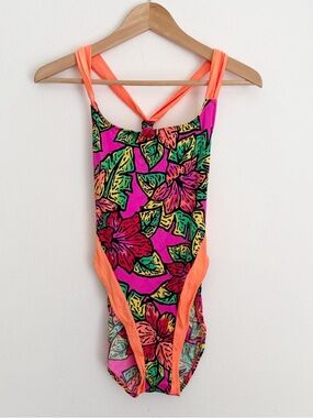 NWT Hobie Women’s Tropical Floral Bright One Piece Swimsuit 7/8 Vintage 80s READ